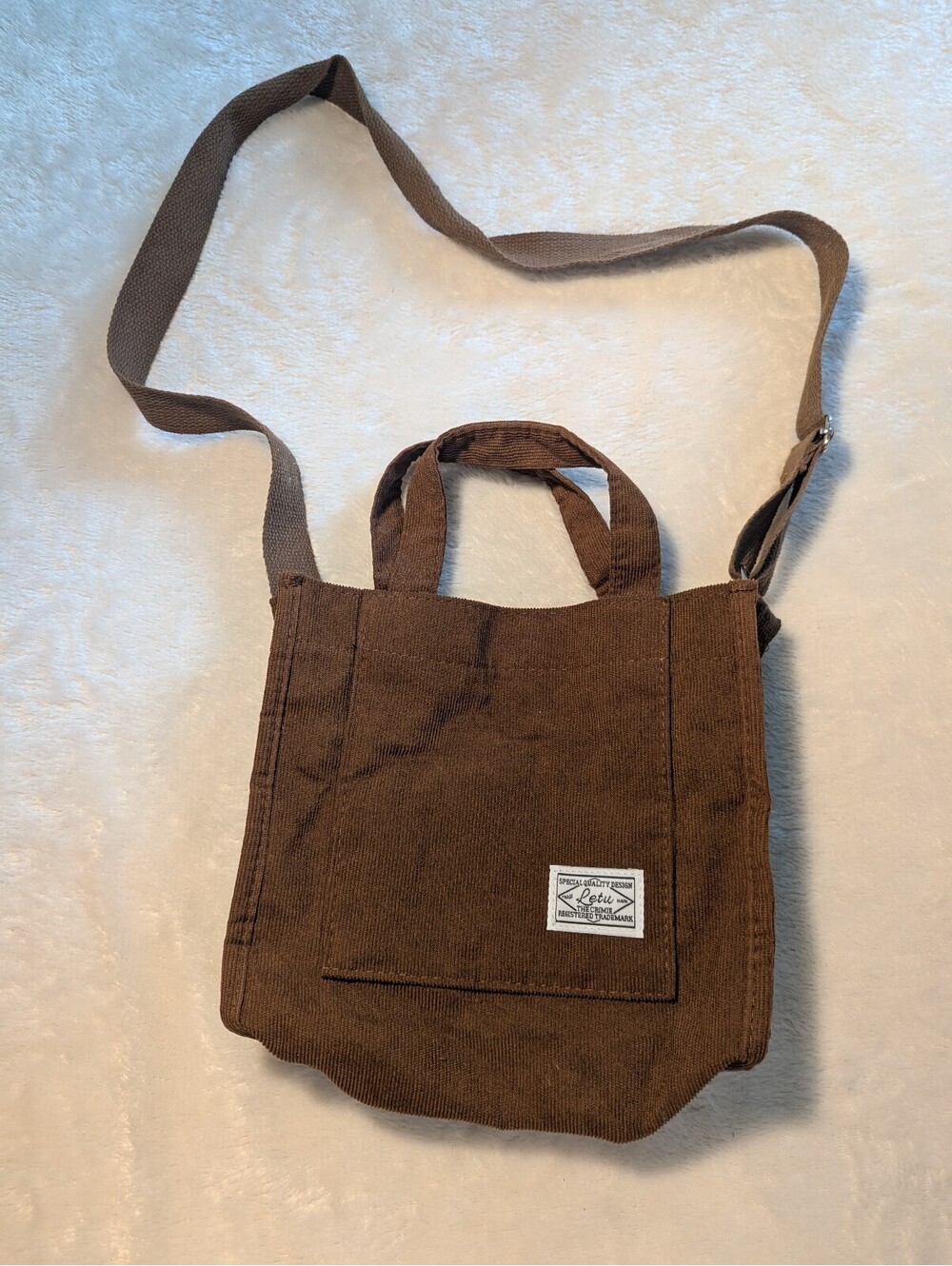 Brown Corduroy Crossbody Tote Bag with Adjustable Strap